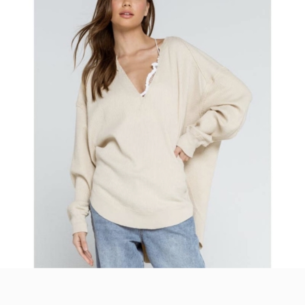 FREE PEOPLE Owen Ivory Waffle Knit Oversized Long Sleeve Thermal Top Small
